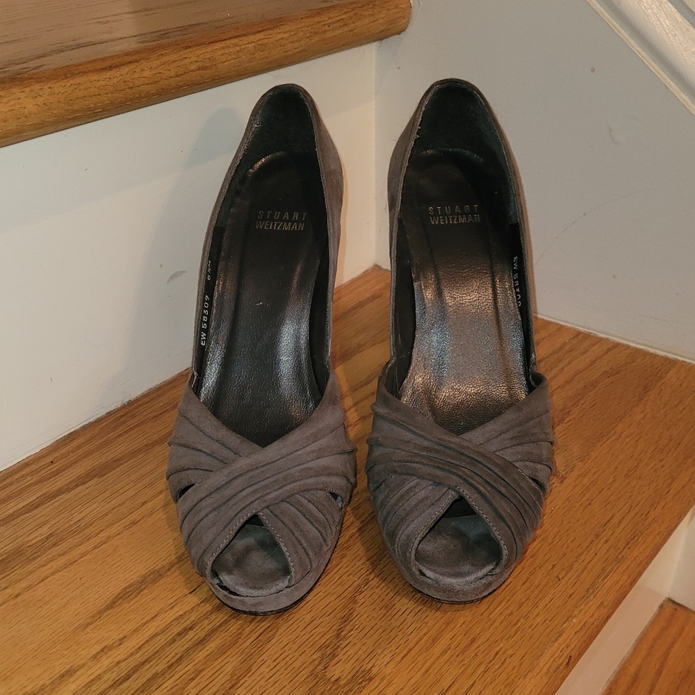 Stuart Weitzman Grey Suede Peep Toe Pumps - Picture 5 of 6